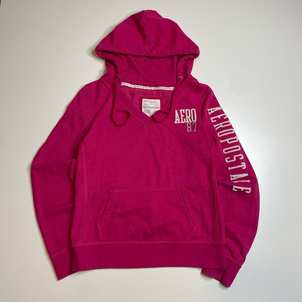 Vintage Y2K Embroidered Aeropostale Pink V-neck Cotton Hoodie L Baby Doll
